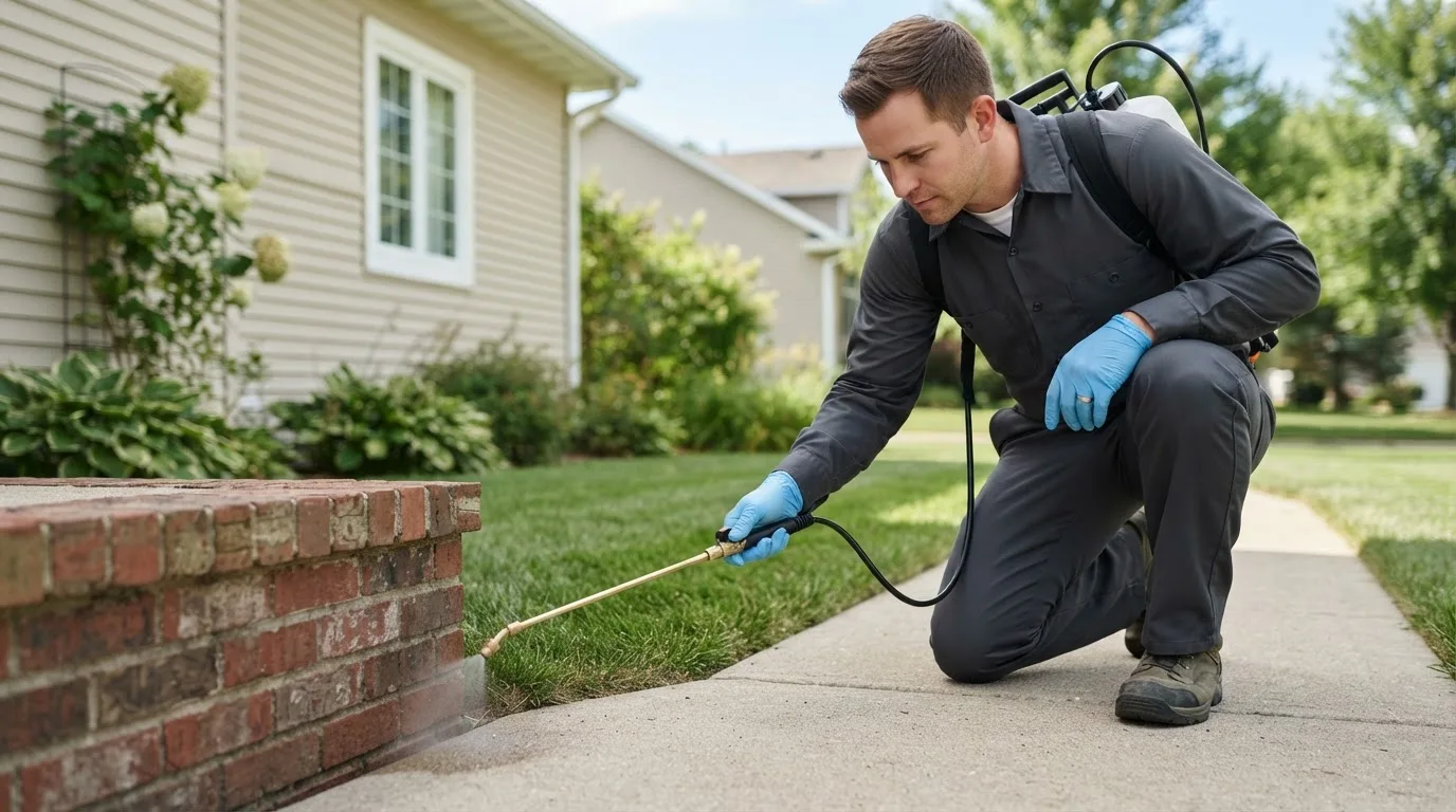 Pest control technician treating a home near Ellsworth, MI