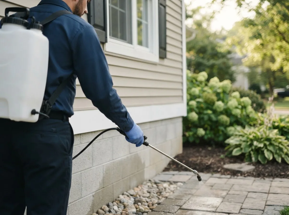 Pest control technician inspecting a home in Ellsworth, MI